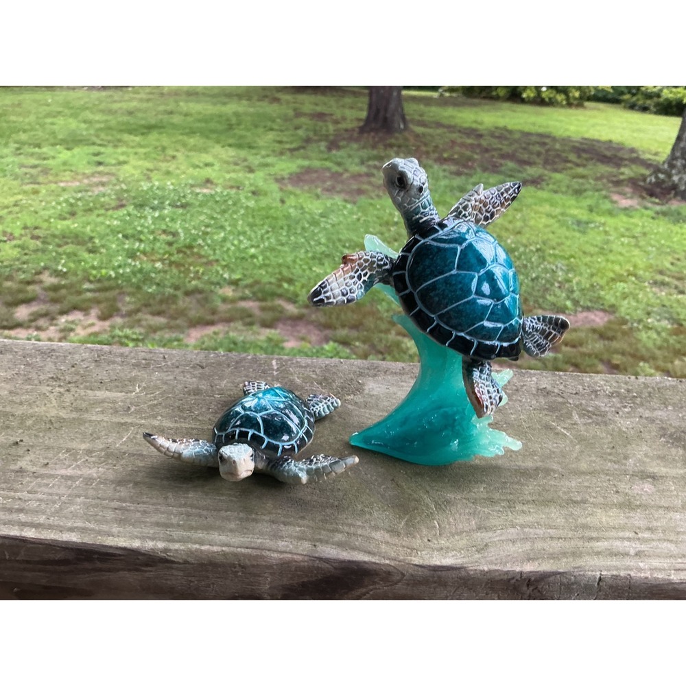 Sea Turtle Figurine Set Teal Turquoise Resin Ocean Wave Decor 2 Piece Coastal - Picture 7 of 10
